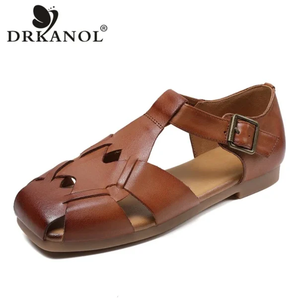 DRKANOL 2024 Summer Shoes Women Flat Sandals Quality Genuine Leather Retro Woven Low Heel Comfort Casual Roman Sandals Ladies