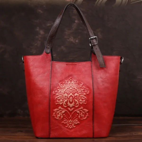 2024 New Vintage Style Luxury Handbags Women Large Capacity Bucket Bag Genuine Cowhide Handmade Embossing Women's Shoulder Bags