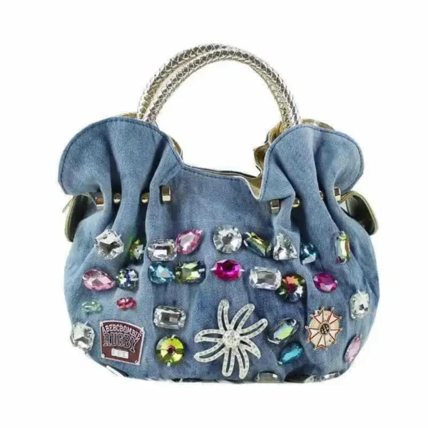 2024 fashion denim bag canvas multi-function bag Bags handbags new  woven belt diamond bag single shoulder tassel bag - Image 2