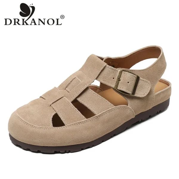 DRKANOL 2024 Summer Sandals Women Quality Cow Suede Leather Back Strap Slingback Shoes Comfort Flat Casual Roman Sandals Female