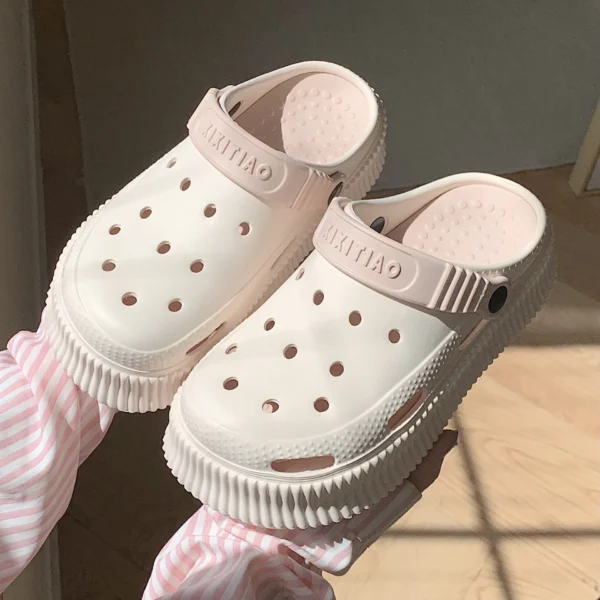 2023 Summer New EVA Thick Sole Perforated Shoes for Women Wearing Elevated Soft Sole DIY Love Solid Color Two Wear Home Slippers - Image 14