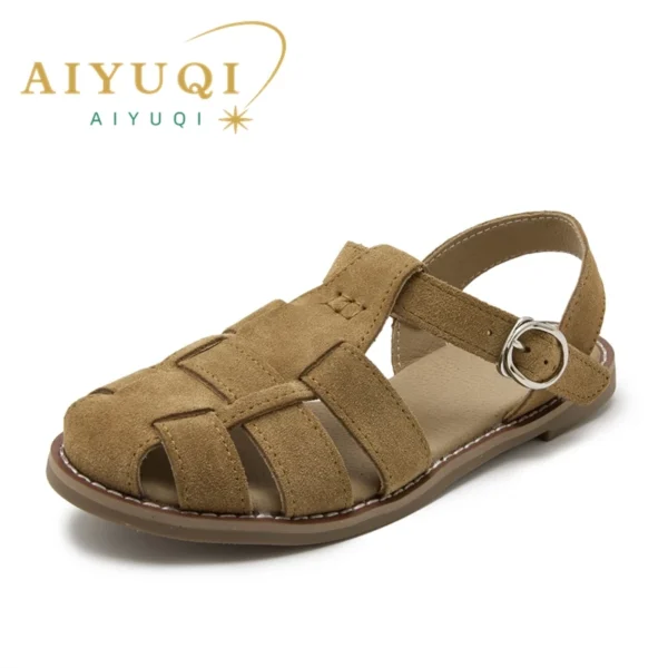 AIYUQI Flat-soled Retro Genuine Leather Hollow Baotou Sandals Women's 2024 New Hollow Pig Cage Women's Sandals - Image 6