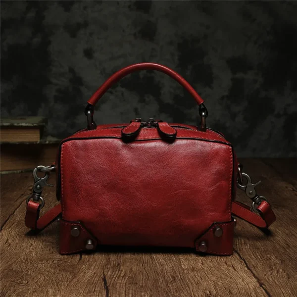 2022 New Retro Literary Handmade Leather Small Square Bag Double Zipper One Shoulder Diagonal Bag Hand-held Small Box Bag Female - Image 6