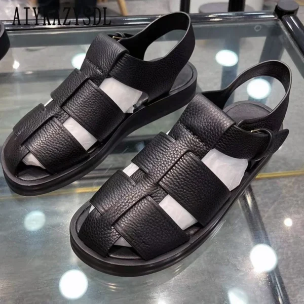 2023 Real Genuine Leather Sandals Women Casual Flat Shoes Gladiator Weave Sandals Cut Out Retro Shoes Girl Weave Hollow Flats