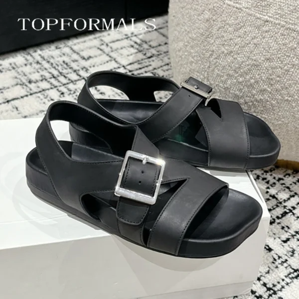 2024 Summer New cowhide Men's Sandals Beach Sandals Roman Flat Platform Women's Sandals Genuine leather Adjustable buckle - Image 4