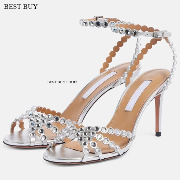 Women's green Silver peep toe Thin High Heel Rhinestone Sandals Embellished Ankle Strap Strappy Party Dress designer sandals - Image 15