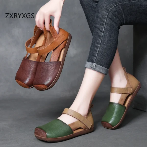 ZXRYXGS 2024 Superior Genuine Leather Splicing Spell Color Square Toe Sandals Roman Shoes Flat Comfortable Women Fashion Sandals - Image 3