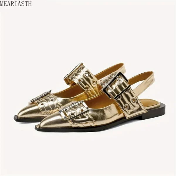 2024 New Summer Women's Flat Shoes Punk Metal Buckle Strap Casual Pointed Toe Shoes Back Strap Mules Design Sandals Ladies Shoes - Image 15