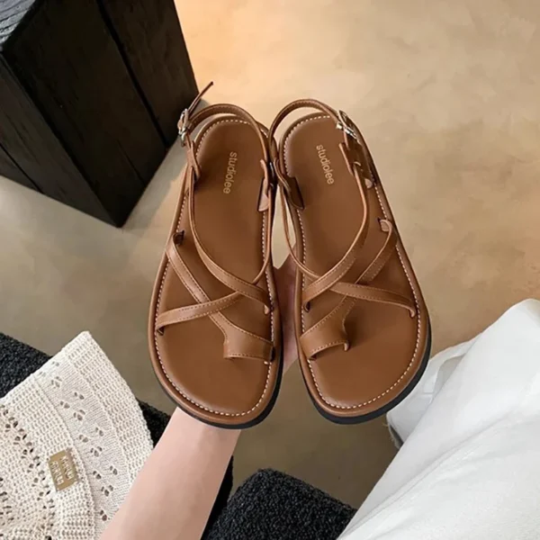 Cross Buckle Strap Real Leather Sandals Set Toe Soft Sole Roman Style Beach Thick Soled Flat Sandals Women - Image 2