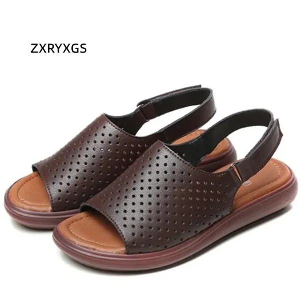 ZXRYXGS Genuine Leather Open Toe Summer Women Shoes Flat Sandals 2024 New Cowhide Hollow Breathable Comfortable Casual Sandals - Image 5