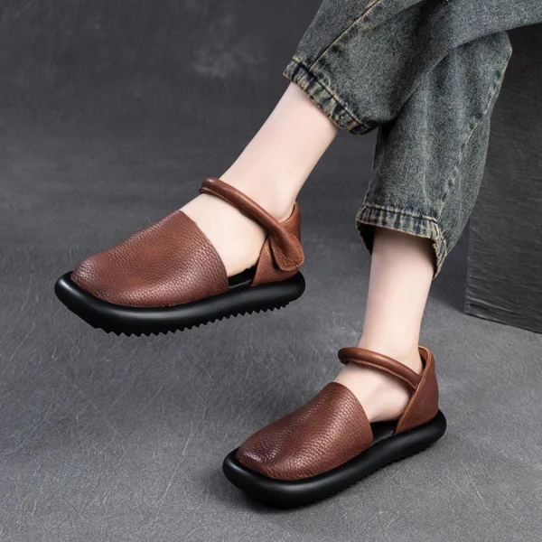 Cow Genuine Leather  Wedges Summer Women Thick Soled Flats Moccasins Hook Platform Sandals Round Toe Ladies Shoes - Image 3