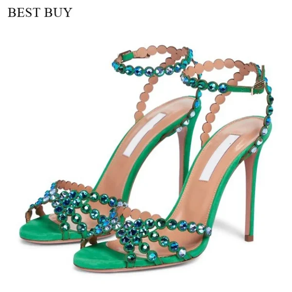 Women's green Silver peep toe Thin High Heel Rhinestone Sandals Embellished Ankle Strap Strappy Party Dress designer sandals