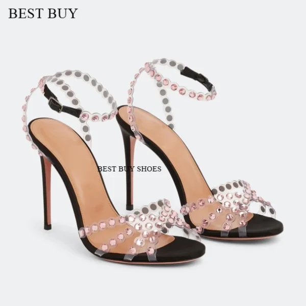 Women's green Silver peep toe Thin High Heel Rhinestone Sandals Embellished Ankle Strap Strappy Party Dress designer sandals - Image 18