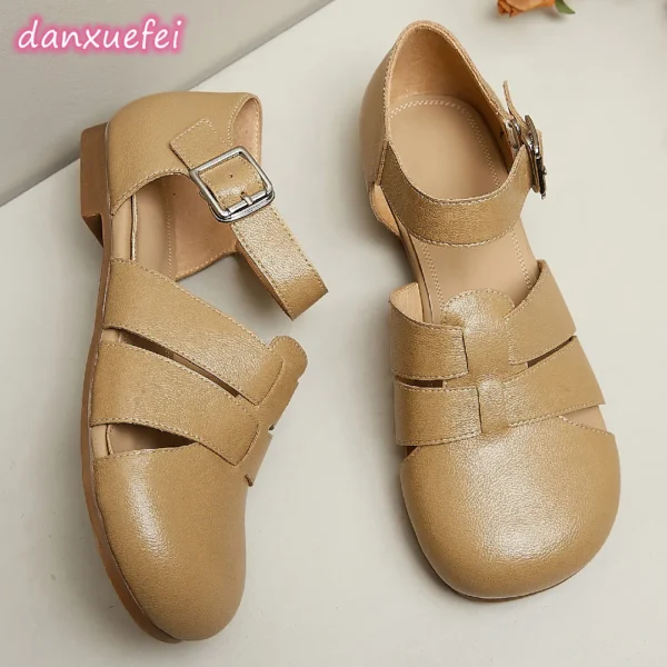 danxuefei women's sandals genuine leather narrow band braided cage t-strap flats sandals round toe soft casual summer shoes sale