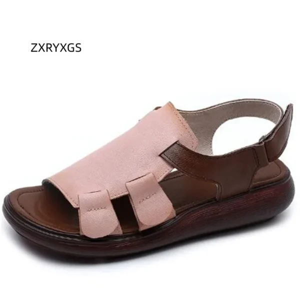 ZXRYXGS 2023 Top Cowhide Color Matching Flat Wedges Sandals Roman Shoes Women's Sandals Large Size Fish Mouth Leather Sandals