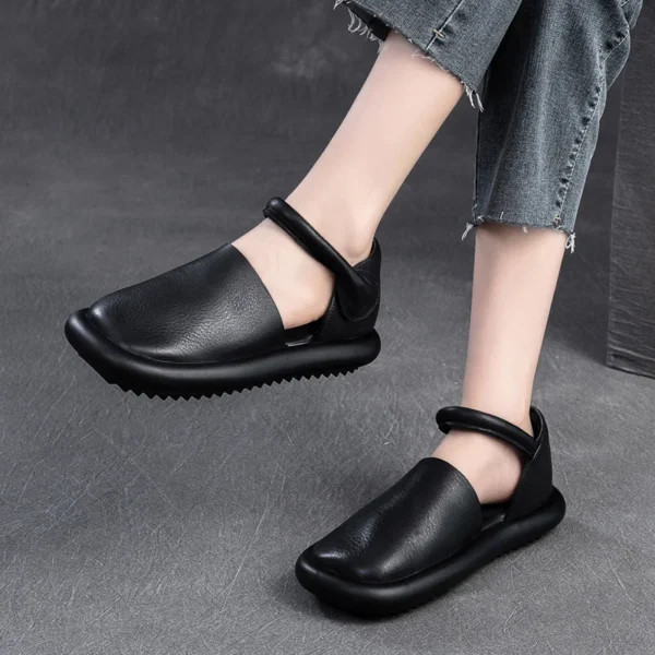 Cow Genuine Leather  Wedges Summer Women Thick Soled Flats Moccasins Hook Platform Sandals Round Toe Ladies Shoes - Image 2