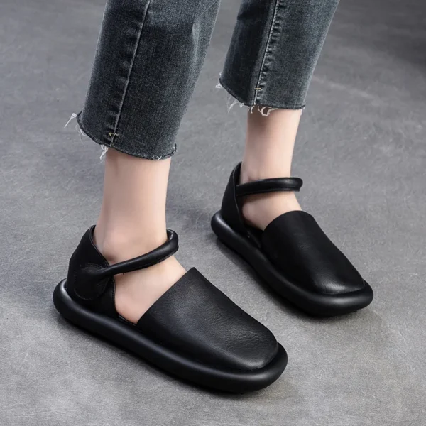 Cow Genuine Leather  Wedges Summer Women Thick Soled Flats Moccasins Hook Platform Sandals Round Toe Ladies Shoes - Image 5