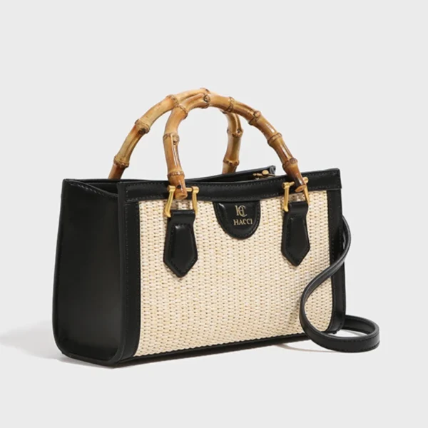 Fashion Genuine Women's Handbags Bamboo Handle Small Square Bolsas Straw Woven Crossbody Shoulder Bags for Ladies Messenger Bag