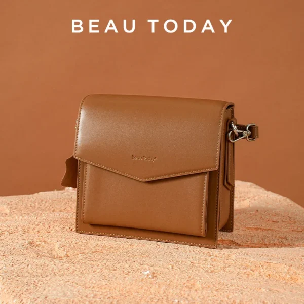 BeauToday Shoulder Handbags Women Genuine Cow Leather Hand Carry Simple Falp Pocket Elegant Square Female Messenger Bags 61009