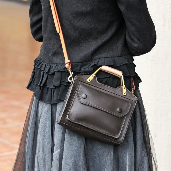 Women's Bag Genuine Leather Single Shoulder Messenger Bag College Retro Style Vegetable Tanned Leather Small Square Bags Casual - Image 3