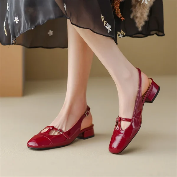 Burgundy Slingbacks Design T Straps Flat Women Shoes Square Toe Summer Buckle Retro Dress Mary Jane Zapatos Mujer New Luxury