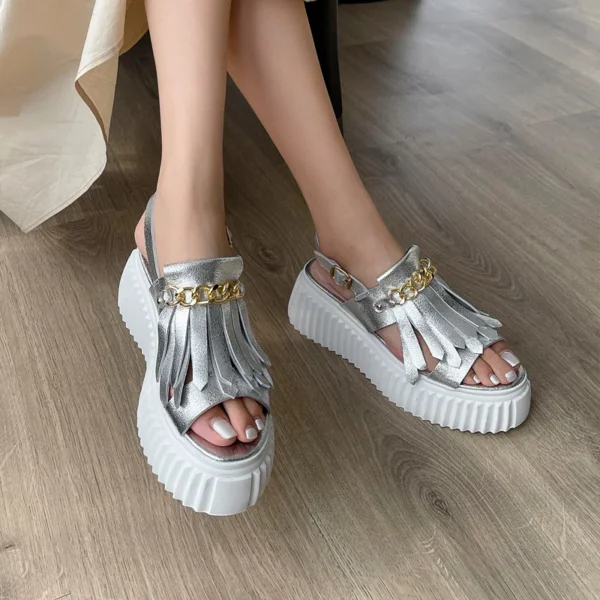 2024 Summer Gladiator Sandals Open Toe Silver Tassel Wedges Sandals Women Metal Decoration  Flat Platform Sandalias De Mujer - Image 2