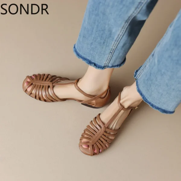 Womens Thong Toe T Straps Genuine Leather Sandals Match Colors Cut Out Summer Gladiator Low Heel Slingbacks Shoes New 2024 - Image 4