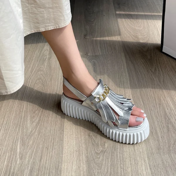 2024 Summer Gladiator Sandals Open Toe Silver Tassel Wedges Sandals Women Metal Decoration  Flat Platform Sandalias De Mujer - Image 7