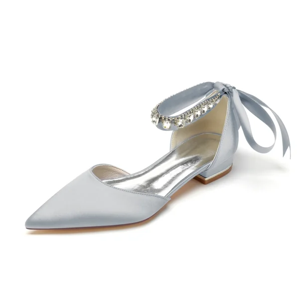 2024 Pointed Silver Insole Flat Sole Sandals 36-43 Pearl Satin Women Sandals Water Diamond Wedding Sandals 3cm Thick Heel Pumps - Image 8