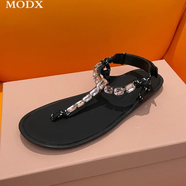 2024 Fashion Flat Sandals Clip-on Design Hemp Braided Holiday Casual Beach Shoes Genuine Leather Rhinestone Embellished Sandals - Image 2