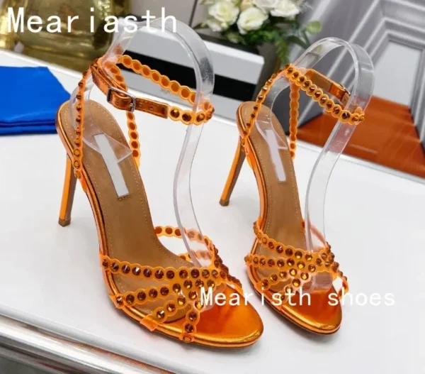 2023 Crystal Narrow Band Luxury Deisgner Sandals Women New Open Toe Thin High Heels Slingback Sexy Fashion Party Shoes For Women - Image 15