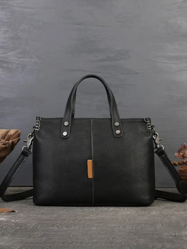 Women's Genuine Leather Square Tote Bag Luxury Office Ladies Studs Handbags Female Stitching Shoulder Bags Solid Color Shopper - Image 9