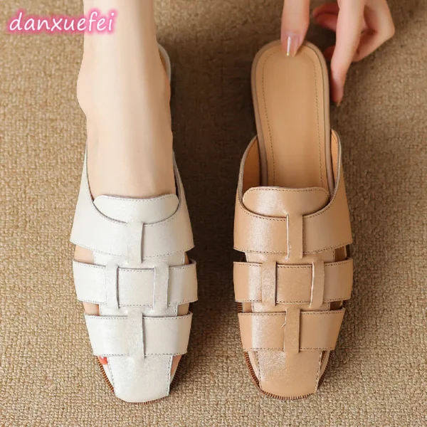 danxuefei women's gneuine leather narrow band braided square toe slip-on flats summer mules casual daily sandalias shoes women