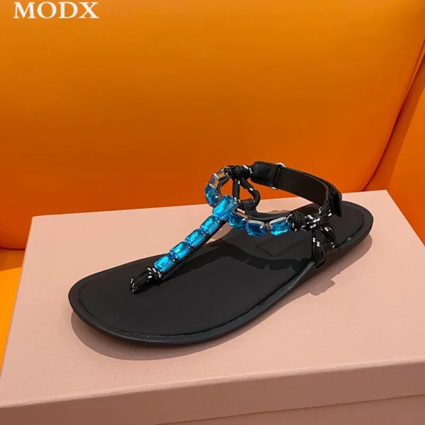 2024 Fashion Flat Sandals Clip-on Design Hemp Braided Holiday Casual Beach Shoes Genuine Leather Rhinestone Embellished Sandals - Image 5