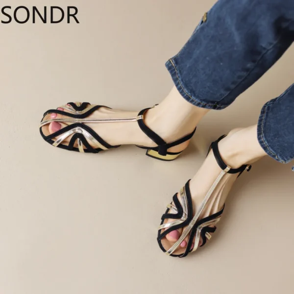 Womens Thong Toe T Straps Genuine Leather Sandals Match Colors Cut Out Summer Gladiator Low Heel Slingbacks Shoes New 2024 - Image 3