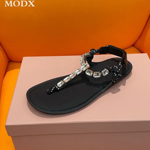 2024 Fashion Flat Sandals Clip-on Design Hemp Braided Holiday Casual Beach Shoes Genuine Leather Rhinestone Embellished Sandals - Image 4