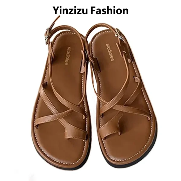 Cross Buckle Strap Real Leather Sandals Set Toe Soft Sole Roman Style Beach Thick Soled Flat Sandals Women