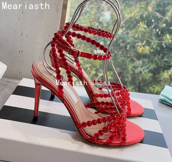 2023 Crystal Narrow Band Luxury Deisgner Sandals Women New Open Toe Thin High Heels Slingback Sexy Fashion Party Shoes For Women - Image 7