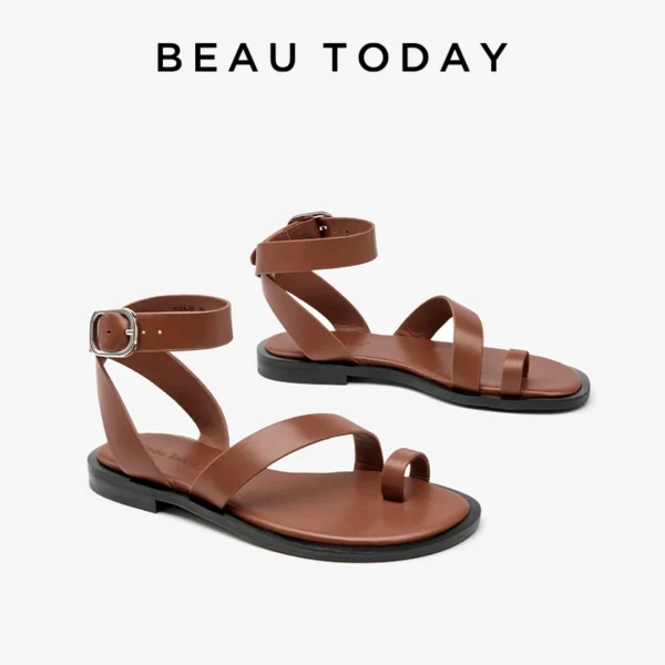 BEAUTODAY Fashion Sandals Women Genuine Cow Leather Metal Buckle Solid Color Ladies Shoes Handmade 32424