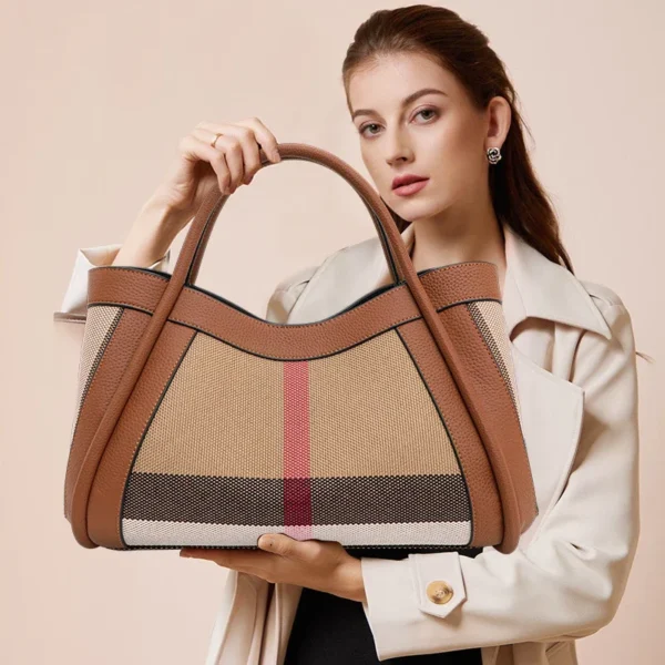 2024 New Retro Checkered Women's Handbag Fashionable and Advanced Large Capacity Canvas with Cowhide Mother and Child Bag - Image 7