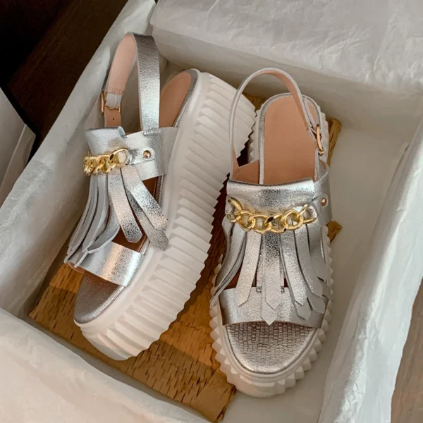 2024 Summer Gladiator Sandals Open Toe Silver Tassel Wedges Sandals Women Metal Decoration  Flat Platform Sandalias De Mujer