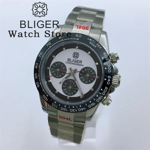 BLIGER Quartz Watches 39mm Chronograph Business Sapphire Crystal Mens Watch Japan VK63 Movement Stainless Steel White Dial