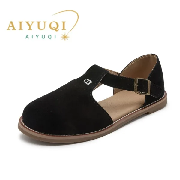 AIYUQI flat-soled retro frosted genuine leather women's sandals 2024 new hollow women's shoes Roman Baotou sandals for women - Image 2