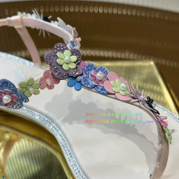 2024 New Bohemian Rhinestone Flower Beach Sandals For Women Summer Genuine Leather Pinch Toe Flat Shoes For Vacation Size43 - Image 4