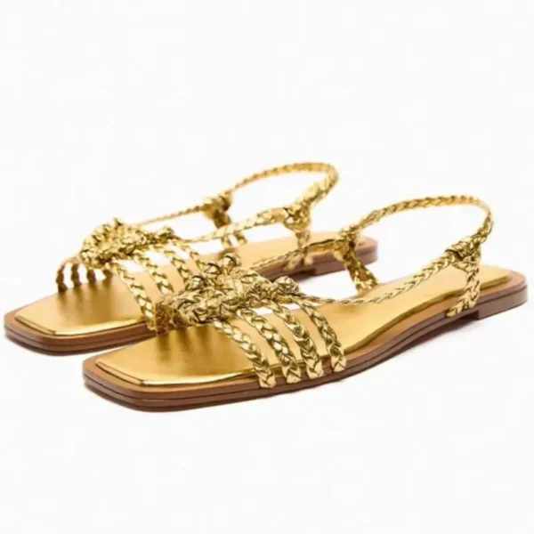 2024 Summer Flats Sandals Women French Style Handmade Knitted Golden Roman Sandal Women's Bohemian Flat Shoes Sandalias Mujer - Image 2