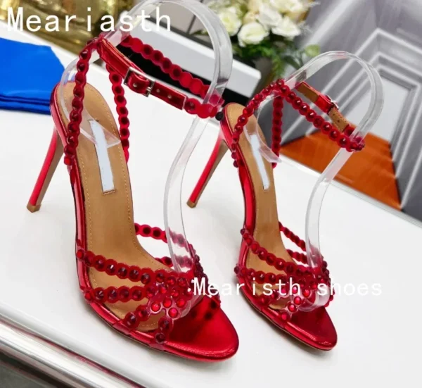 2023 Crystal Narrow Band Luxury Deisgner Sandals Women New Open Toe Thin High Heels Slingback Sexy Fashion Party Shoes For Women - Image 19