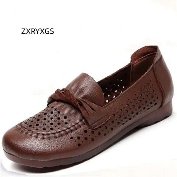 ZXRYXGS 2023 Premium Soft Cowhide Breathable Hole Shoes Woman Leather Sandals Flat Comfort Soft Sole Wear Casual Shoes Sandals