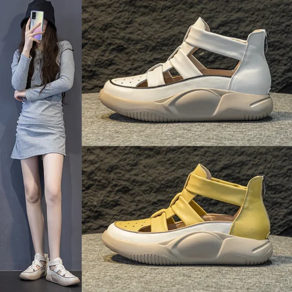 ZXRYXGS 2024 Top Layer Cowhide Summer Woman Sandals Flat Wedges Soft Sole Outerwear High Top Cool Boots for Women Summer Sandals - Image 6