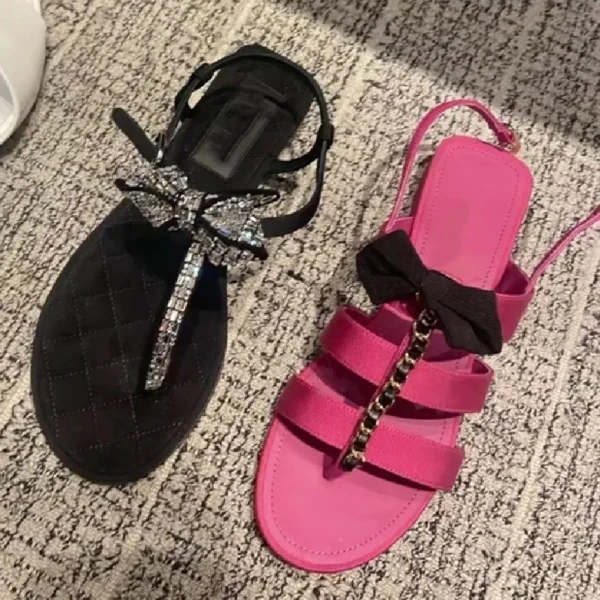 Chains Thong Sandals Bow Black Pink Leather Mules Butterfly Sandalias De Mujer Verano 2023 Shoes For Woman Flats Chaussure Femme