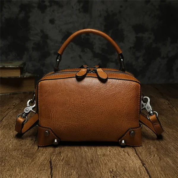 2022 New Retro Literary Handmade Leather Small Square Bag Double Zipper One Shoulder Diagonal Bag Hand-held Small Box Bag Female - Image 2